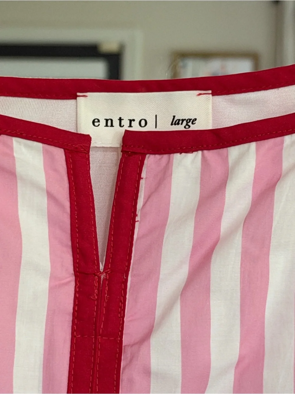 NWOT entro Pink and White Vertical Stripe Top with Red Trim - Picture 3 of 5